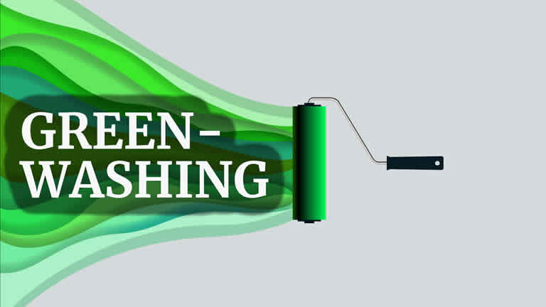 Image of paint roller with green paint bands, text "greenwashing" over paint trails